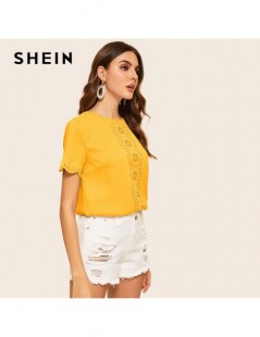 Blouses & Shirts Ginger Scallop Trim Laser Cut Top Solid Casual Cute Blouse Women Summer Short Sleeve Keyhole Back Womens Top...