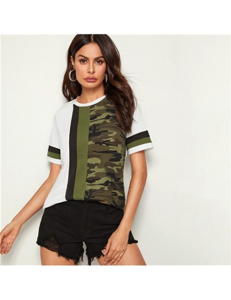 T-Shirts Colorblock Camouflage Panel Top for Women 2019 Summer Streetwear T-shirts Casual Female Leisure Short Sleeve Tops - ...
