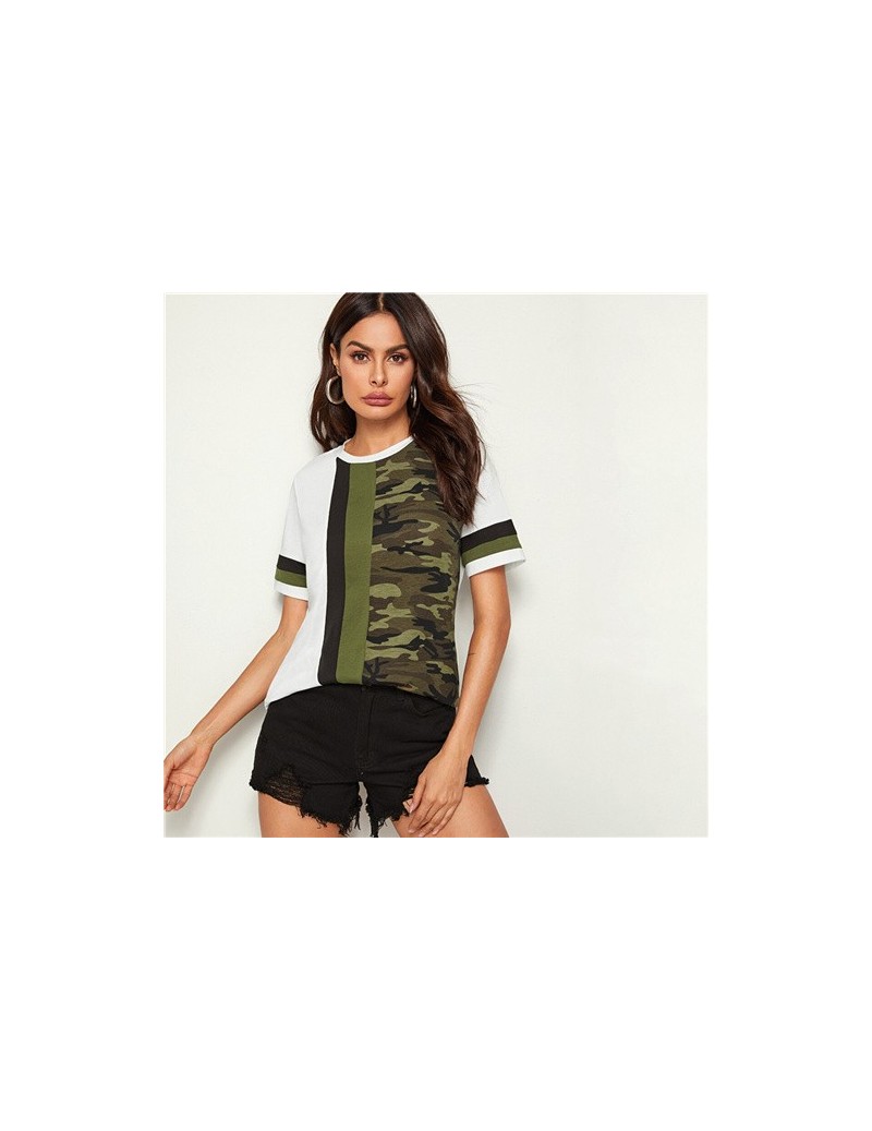 Colorblock Camouflage Panel Top for Women 2019 Summer Streetwear T-shirts Casual Female Leisure Short Sleeve Tops - Multi - ...
