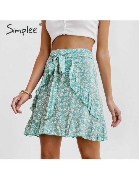 Skirts Summer floral print short skirt female Sweet green cotton lace up short women skirt High waist boho beach skirt 2019 -...