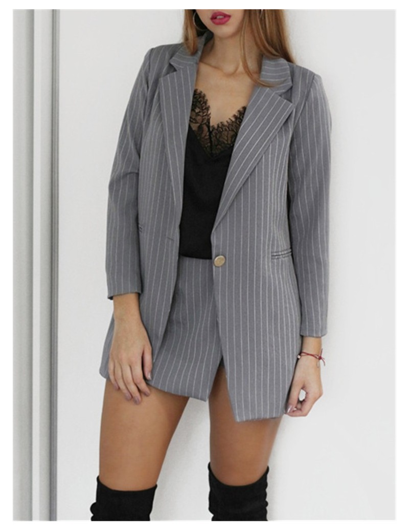 2019 Autumn Winter Stripe Notched Elegant Female Blazer Suit Set Single Button Women Jacket Mini Dress 2pcs Set VR1249 - Gra...