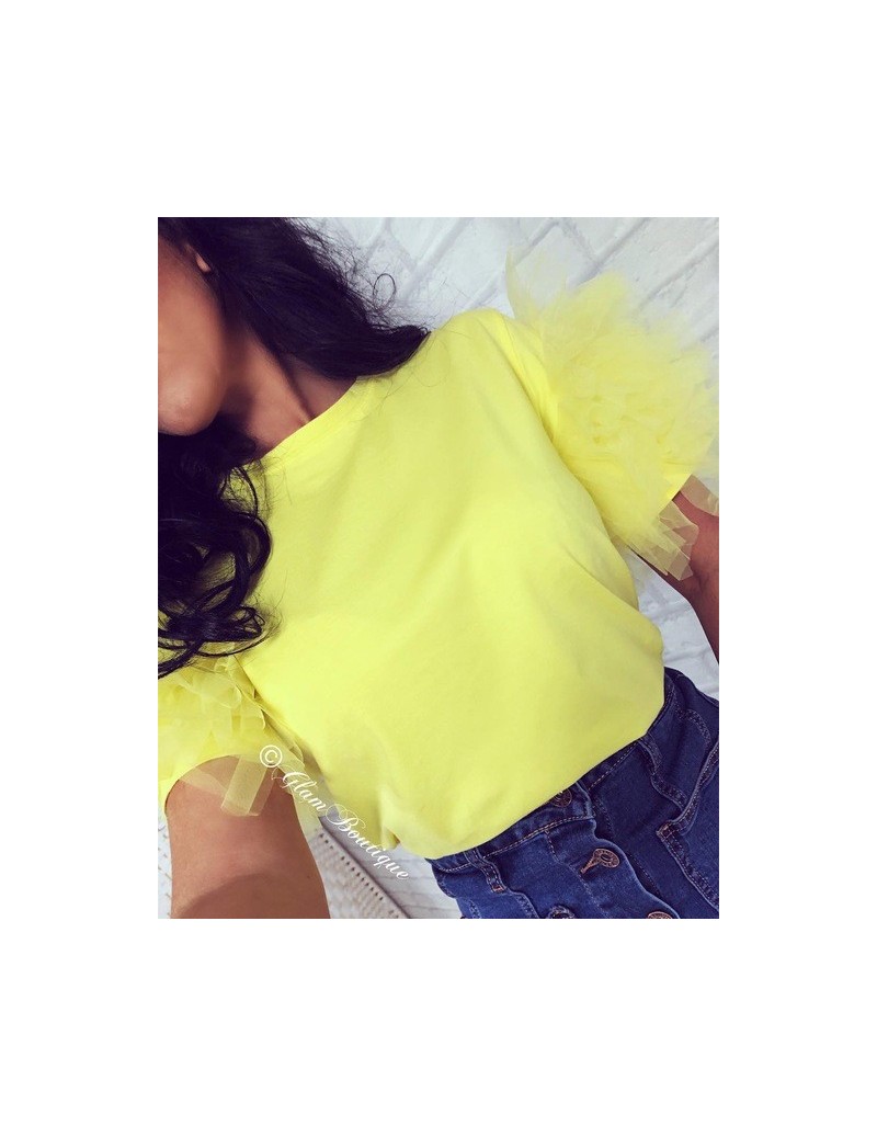 T-Shirts US Women Tulle Ruffle Short Sleeve Mesh Tee Tops Ladies Crew Neck Party Loose Casual T Shirt Clubwear - YELLOW - 5I1...