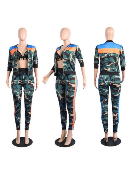 Women's Sets Women's Three-piece Set Camouflage Stripes Casual Patchwork Sets Crop Top+Coat+Pants Set Playsuits Lady Sexy Bod...