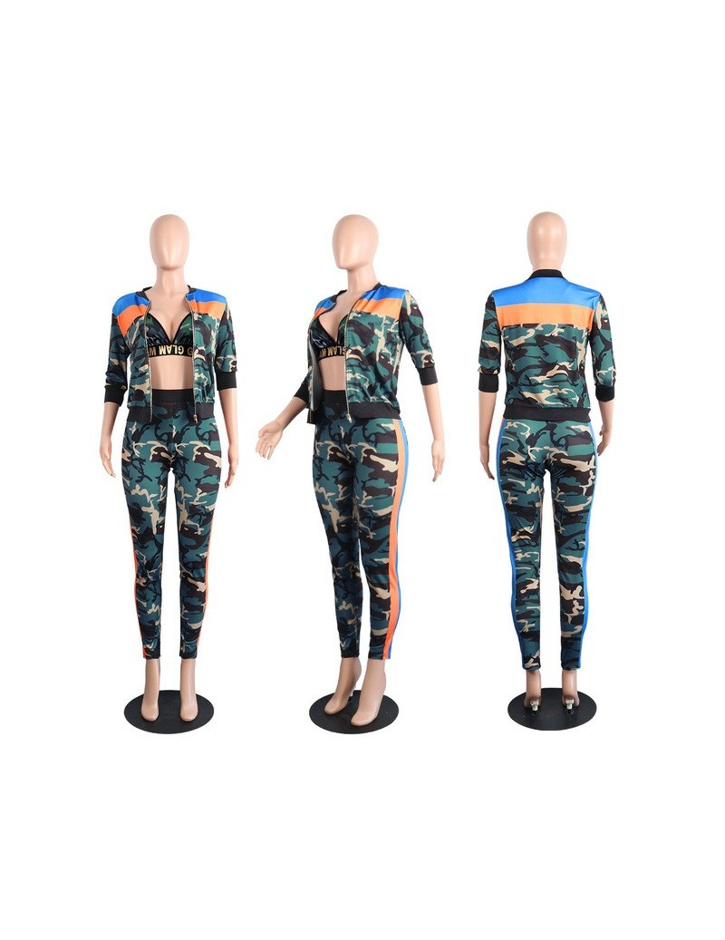 Women's Sets Women's Three-piece Set Camouflage Stripes Casual Patchwork Sets Crop Top+Coat+Pants Set Playsuits Lady Sexy Bod...