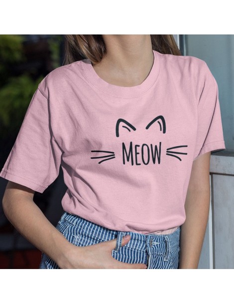 T-Shirts Meow T Shirt Cat Cute Face Print Women Tee 100% Cotton High Quality Girls Kawaii Animal Cats T-shirt - Pink - 4O3096...