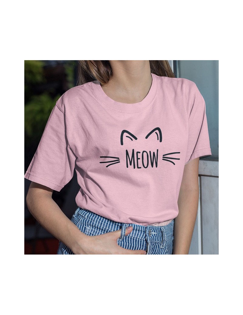 Meow T Shirt Cat Cute Face Print Women Tee 100% Cotton High Quality Girls Kawaii Animal Cats T-shirt - Pink - 4O3096280833-4