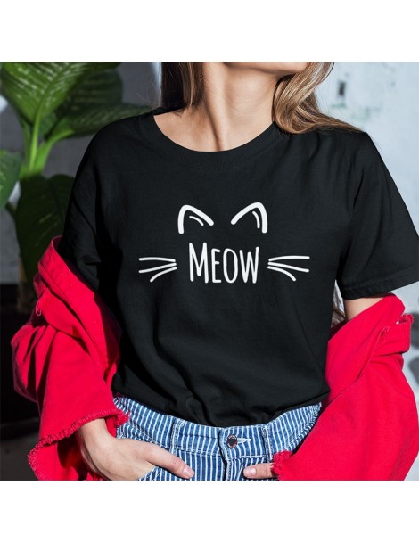 T-Shirts Meow T Shirt Cat Cute Face Print Women Tee 100% Cotton High Quality Girls Kawaii Animal Cats T-shirt - Pink - 4O3096...