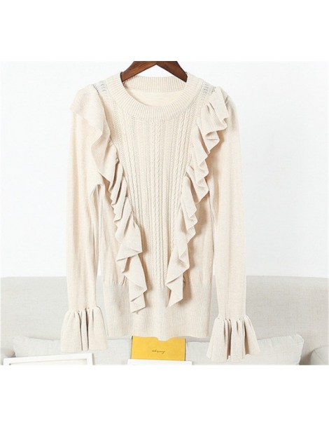 Pullovers Ruffled Trim Flare Sleeve Ladies Soft Quality Sweater Solid Color Pullovers Women's Stylish Bottom Knitted Shirts -...