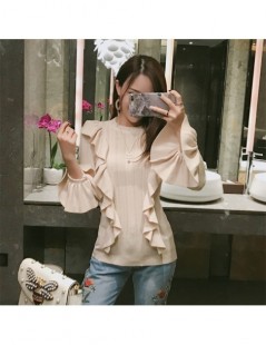 Pullovers Ruffled Trim Flare Sleeve Ladies Soft Quality Sweater Solid Color Pullovers Women's Stylish Bottom Knitted Shirts -...