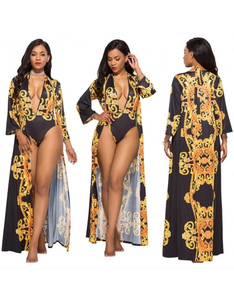 Women's Sets Vintage 2 Piece Set Women Ethnic Printed Plunging V Neck One Piece Bodysuit Long Cover Up Beach Cardigan Summer ...