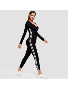 Black Striped Side Seam Backless Unitard Skinny Jumpsuit 2019 Women Maxi Round Neck Long Sleeve Going Out Jumpsuit - Black -...