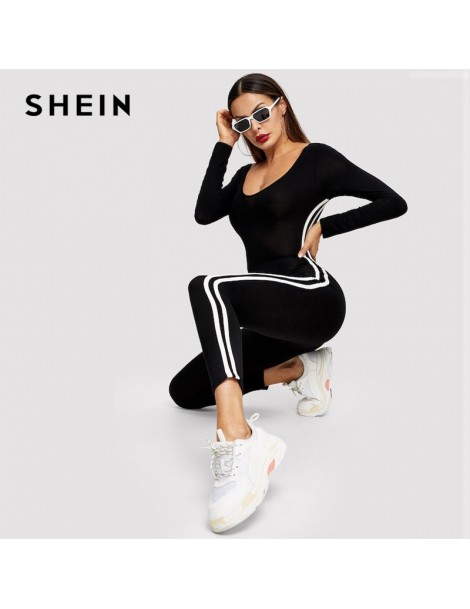 Jumpsuits Black Striped Side Seam Backless Unitard Skinny Jumpsuit 2019 Women Maxi Round Neck Long Sleeve Going Out Jumpsuit ...
