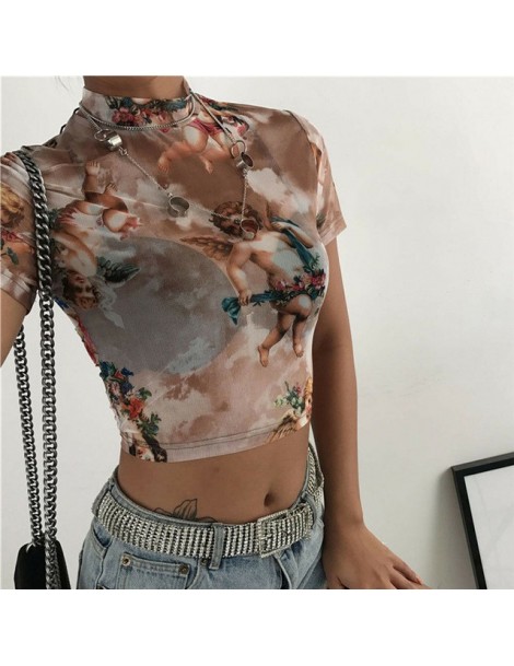 T-Shirts New Summer Women's Fashion Translucent Little Angel Print Short-Sleeved T-Shirt Casual Short Section Navel High Coll...