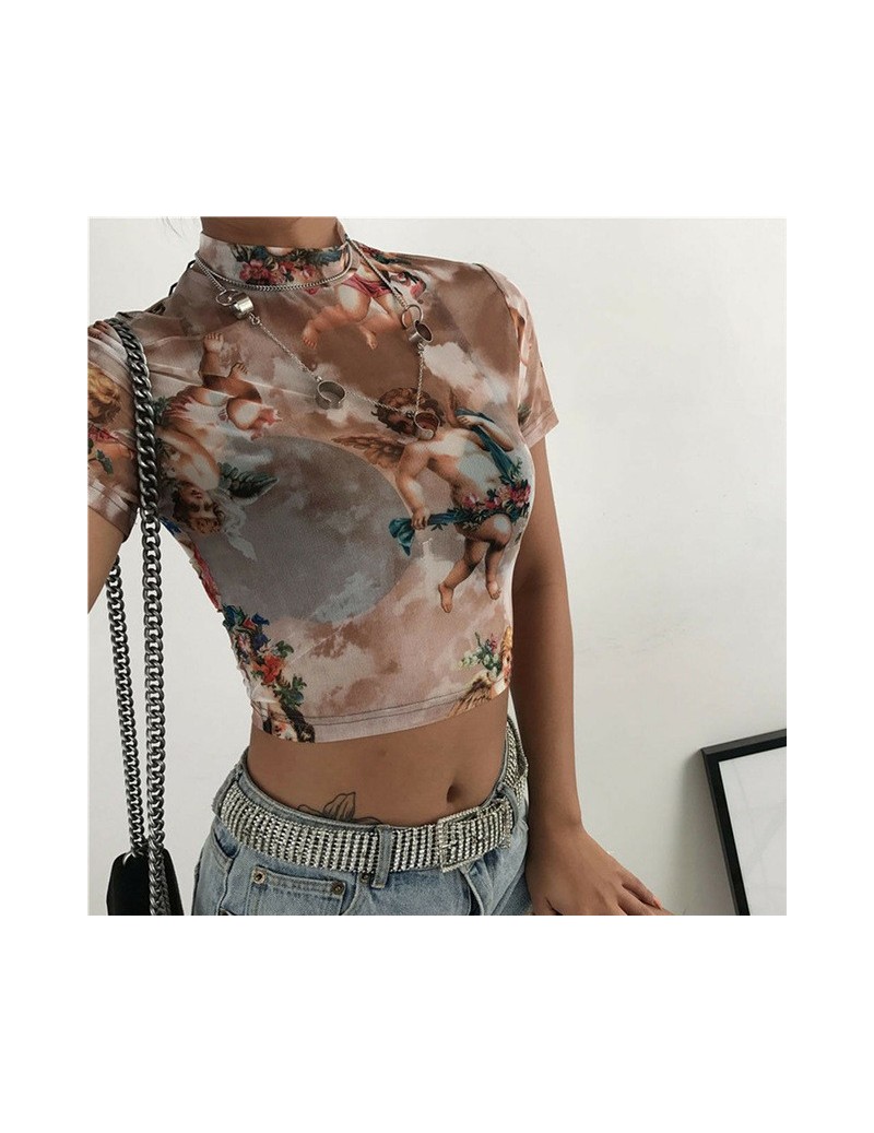New Summer Women's Fashion Translucent Little Angel Print Short-Sleeved T-Shirt Casual Short Section Navel High Collar T-Shi...