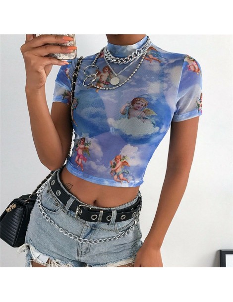 T-Shirts New Summer Women's Fashion Translucent Little Angel Print Short-Sleeved T-Shirt Casual Short Section Navel High Coll...