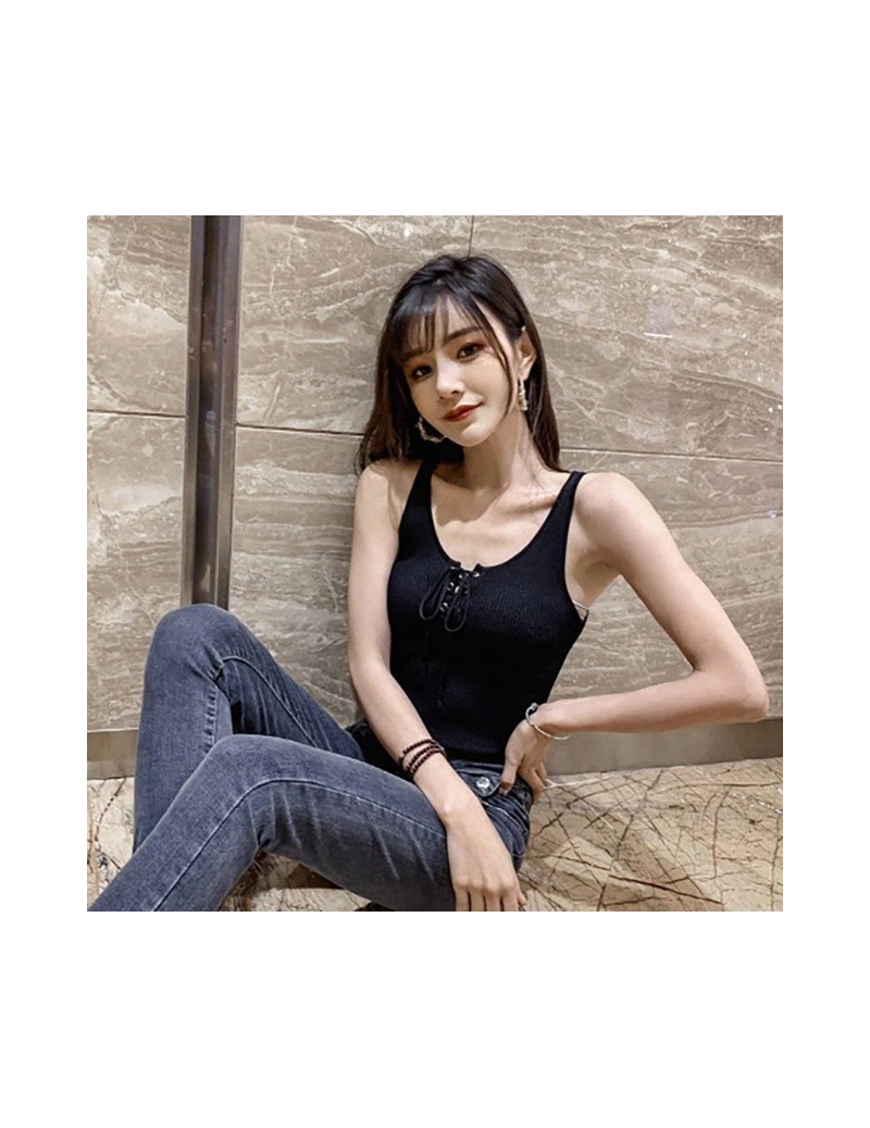 Women's Sleeveless Solid Tops 2019 Summer Women Simple Elegant Lace Up Tank Tops U Neck Sleeveless Vest Slim Knitted Tank To...