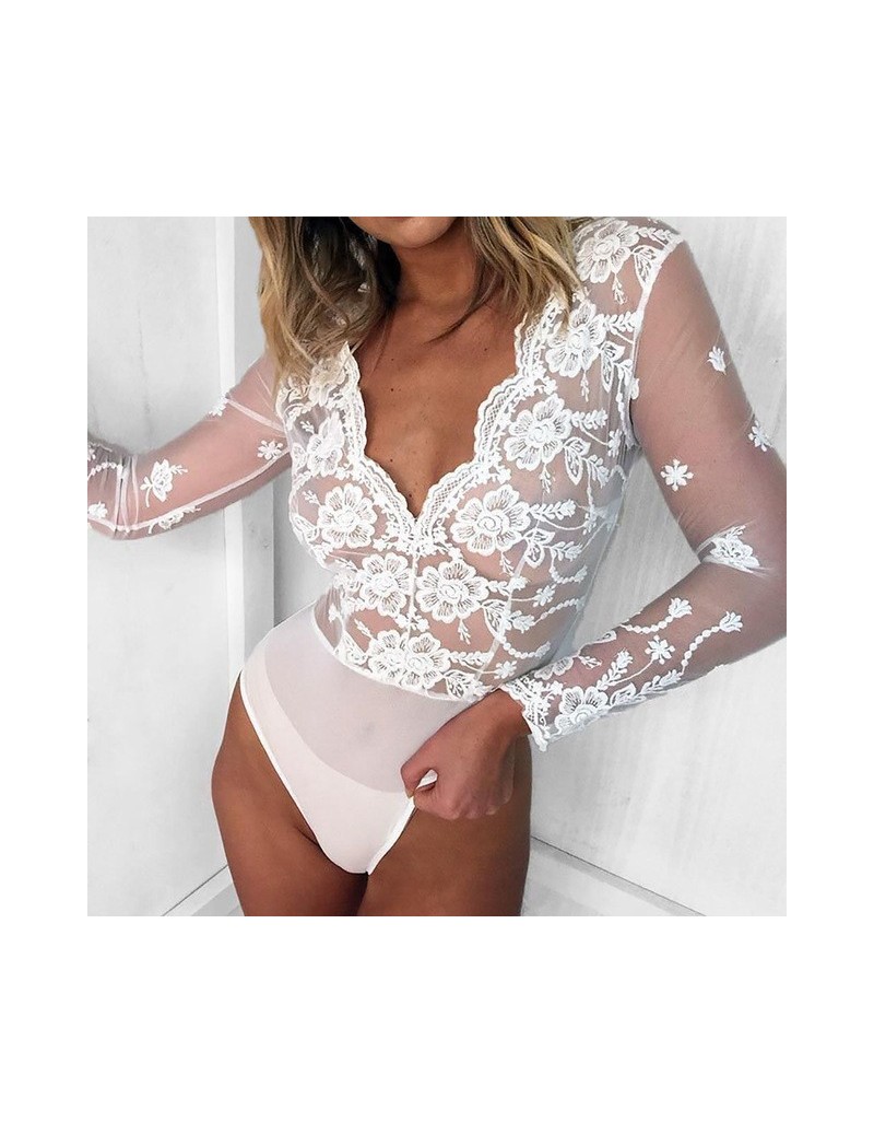 hot mesh transparent lace long sleeve bodysuit sexy jumpsuit womens romper 2018 embroidery floral deep V bodysuits - white -...