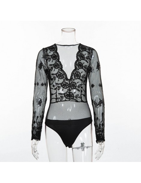 Bodysuits hot mesh transparent lace long sleeve bodysuit sexy jumpsuit womens romper 2018 embroidery floral deep V bodysuits ...