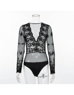 Bodysuits hot mesh transparent lace long sleeve bodysuit sexy jumpsuit womens romper 2018 embroidery floral deep V bodysuits ...
