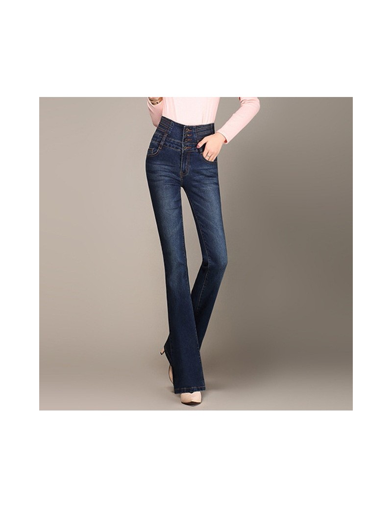 Jeans Ladies Casual High Waist Long Elastic Buttons Women Jeans Skinny Fit Slim Full Length Denim Flare Pants - Dark Blue - 4...