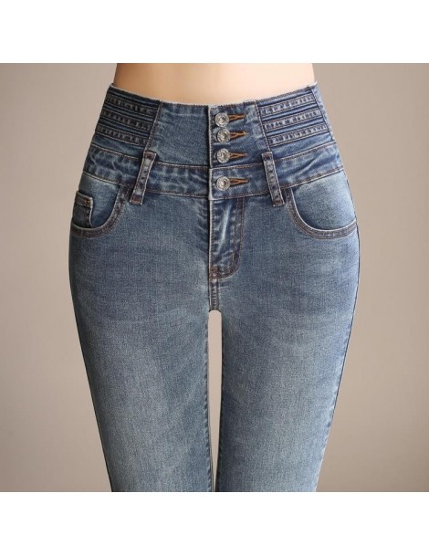 Jeans Ladies Casual High Waist Long Elastic Buttons Women Jeans Skinny Fit Slim Full Length Denim Flare Pants - Dark Blue - 4...