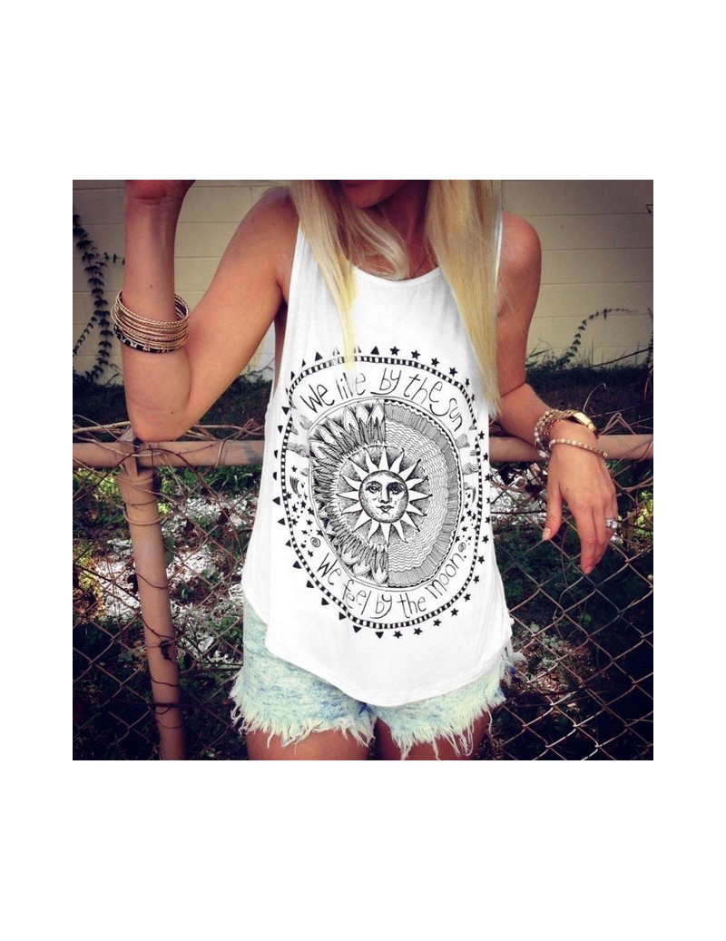 2018 Plus size Women Sun Printed Sleeveless Vest Tee Shirt Blouse Casual Tank Tops hot sale drop shipping May 18 - White - 4...