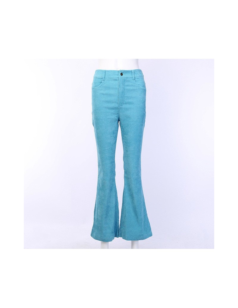 Women 2019 New Fashion Corduroy Flare Pants Casual Zipper Pockets High Waist Pants Streetwear Solid Velvet Trousers - Blue -...