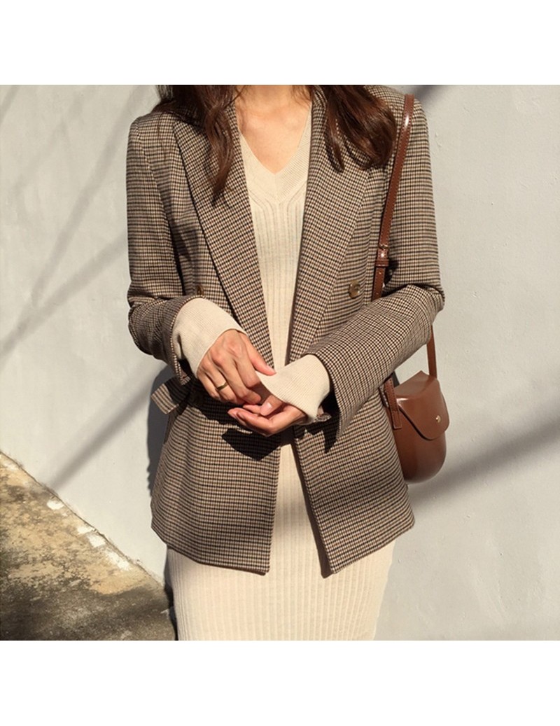 blazer women Vintage Double Breasted Office Ladies Plaid Blazer Long Sleeve Loose Suit Coat Jacket blazers blazer feminino -...