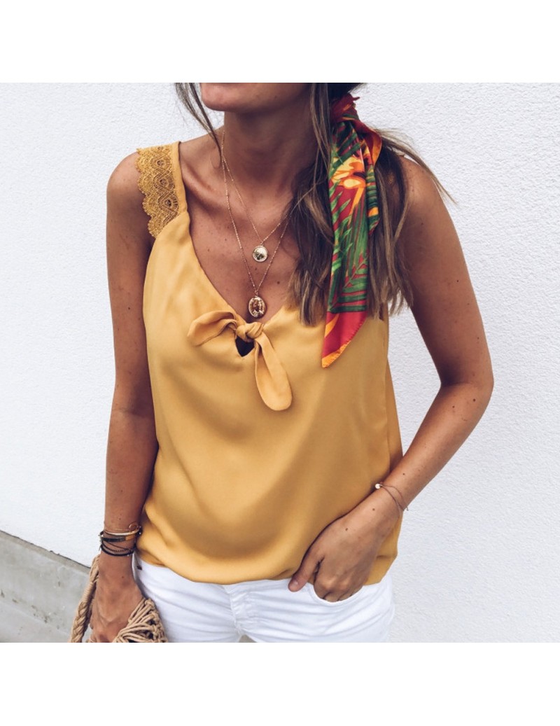 Camis Fashion Cami Top Women Vest Top Sleeveless Knot V Neck Lace Casual Tees Tops Female Summer Camisole Loose Shirt - YELLO...