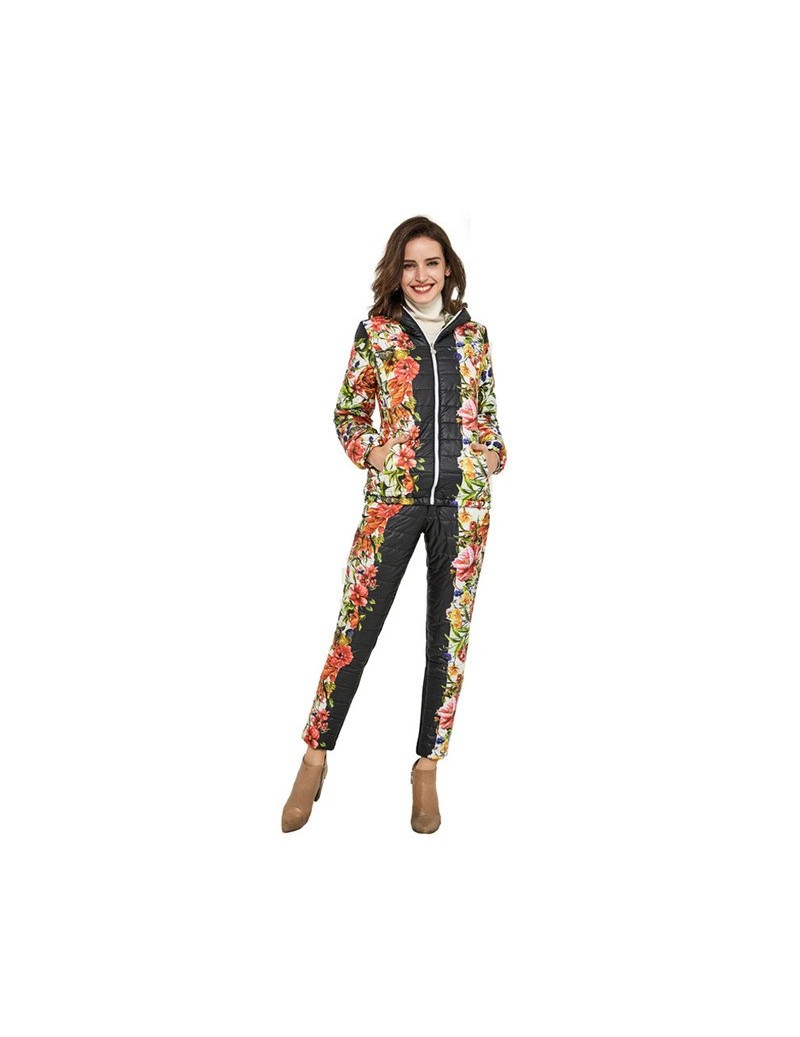 2019 Winter Jacket Women Casual Flower Printed Hooded Warm Basic Parka Suits (Coat+Pants Sets ) Winter Outwear WAT270 - Blac...