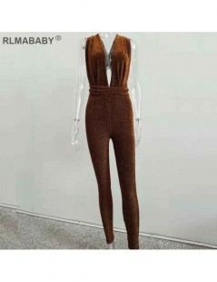Shiny Deep V Neck Backless Bandage Rompers Womens Jumpsuit Slim Sleeveless Club Bodycon Overalls Sexy Women Jumpsuit - Dark ...