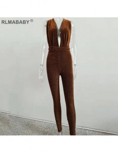 Jumpsuits Shiny Deep V Neck Backless Bandage Rompers Womens Jumpsuit Slim Sleeveless Club Bodycon Overalls Sexy Women Jumpsui...