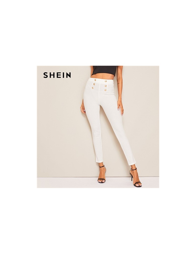 Double Breasted Skinny Pants Elegant Chic Women White Spring Summer Crop Trousers Streetwear Solid Mid Waist Pants - White -...
