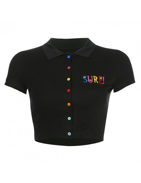 Polo Shirts Fashion Sweet Women's Top Brief Letterr Ladies Slim Print Crop Top Shirt Multi-Color Botton - Black - 4O416420805...