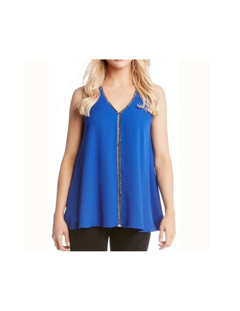 New Summer V Neck Sleeveless Vest T Shirt Stitching Solid Color Sequined Shirt Leisure Loose Women Clothing - blue - 5811121...