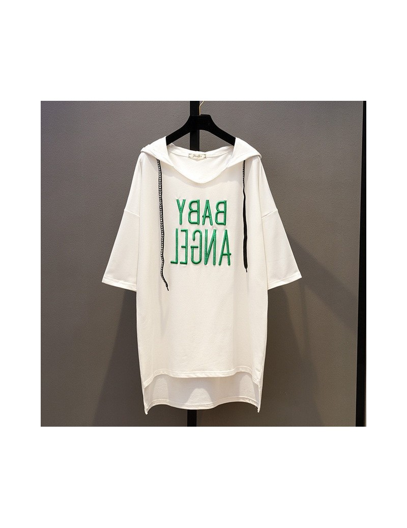 Summer New 2018 Letter Embroidered Large Size Loose Shirt Women's Short Sleeve Long Cotton Hoodies for Girl - White - 4L3990...
