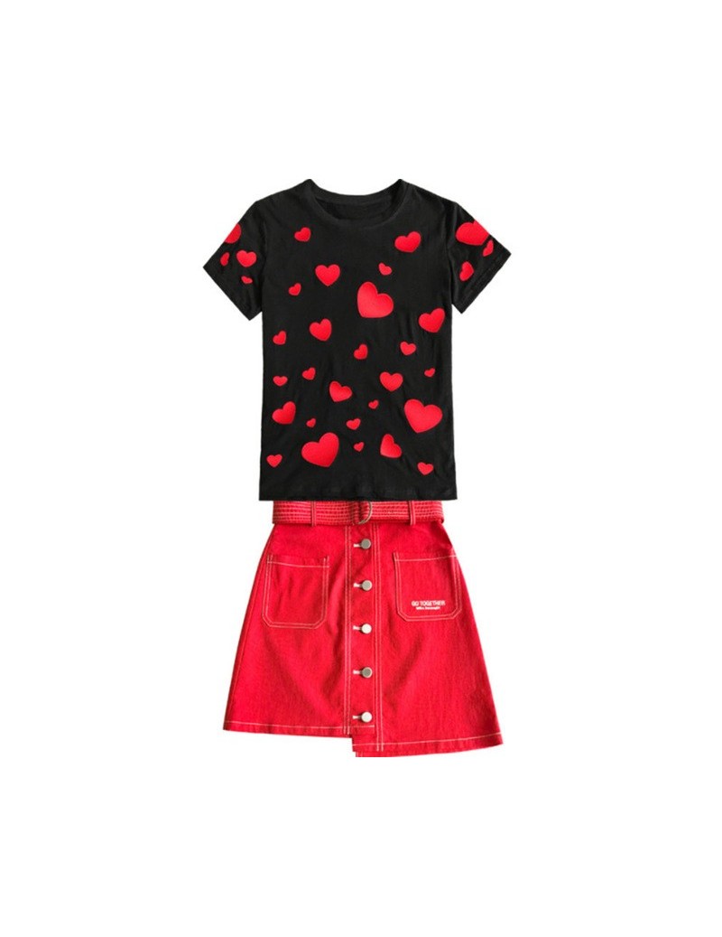 Women's Sets 2019 Summer 2 piece set Women Love heart Embroidery Knitting Tops and Red Asymmetry Denims Skirts Casual Girls S...