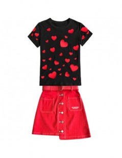 Women's Sets 2019 Summer 2 piece set Women Love heart Embroidery Knitting Tops and Red Asymmetry Denims Skirts Casual Girls S...