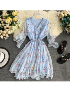 Dresses Woman V-neck Flared Sleeve Chiffon Flower Print A-Line Dress - Light Blue - 4H4142890269-3 $40.94