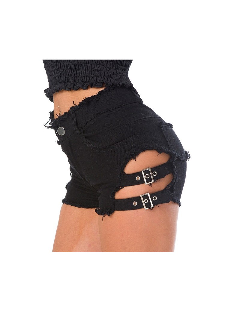 2019 Summer Sexy Women Ripped Denim Shorts Hollow Out Bandage Punk Rock High Waist Worn-out Hole Jeans Black Shorts - Black ...