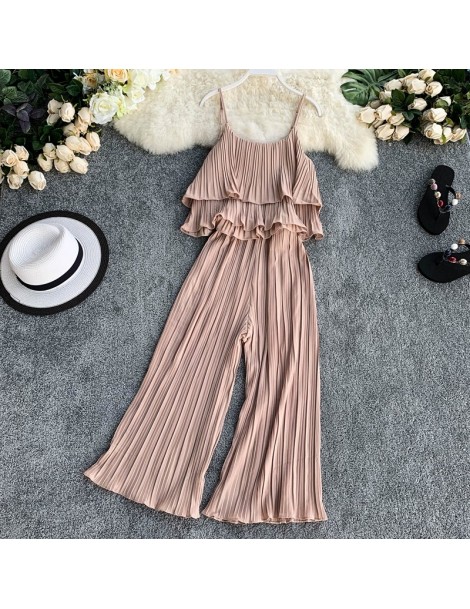 Women's Sets 2019 Pleated Ruffled Sling Top + Wide-leg Pant Women 2pcs Holiday Casual Sets Solid Color Women Loose 2pcs Summe...