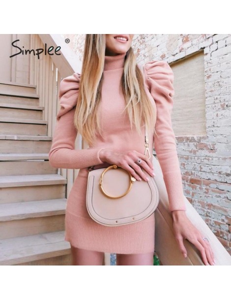 Dresses Turtle neck bodycon winter knitted women dress Puff shoulder pink sweater dress female Sexy ladies solid autumn vesti...