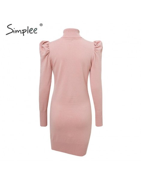 Dresses Turtle neck bodycon winter knitted women dress Puff shoulder pink sweater dress female Sexy ladies solid autumn vesti...