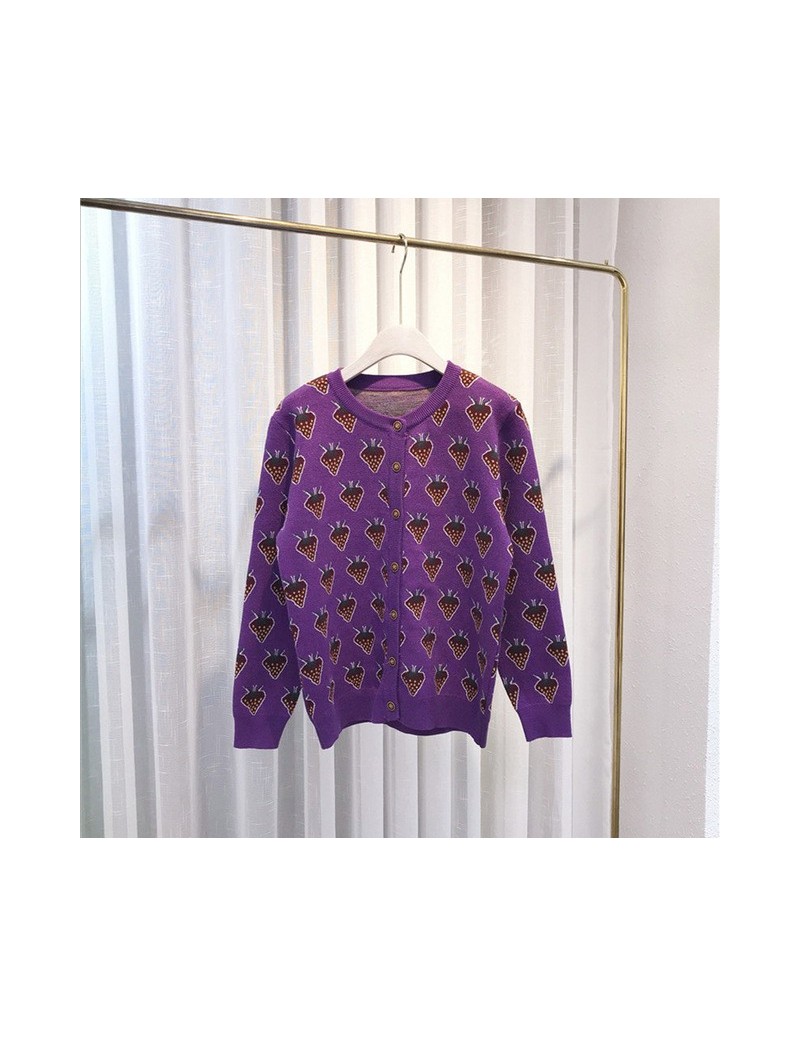 Pullovers Europe Sweet Strawberry Lurex Pullover 2019 New Fall Winter sueter mujer Cute Purple Knitted Sweater Women Runway J...
