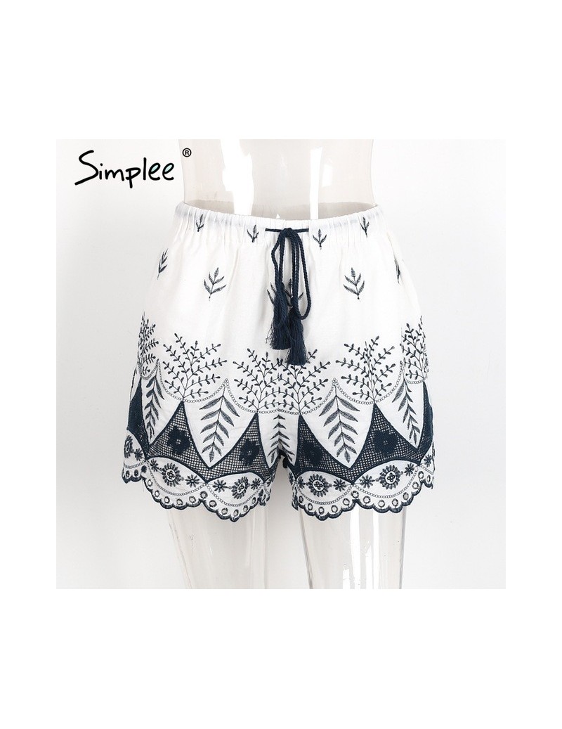 Embroidery tassel high waist shorts women Drawstring loose print shorts Casual fringe beach summer shorts femme 2018 - White...