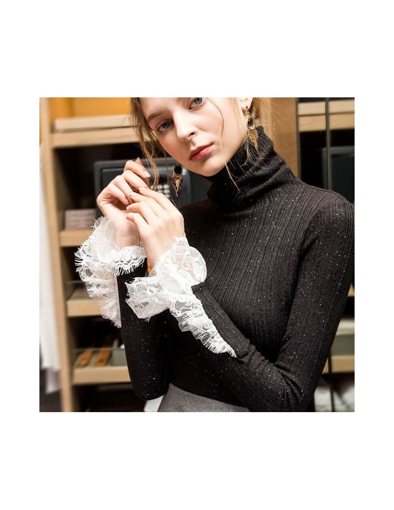 Pullovers Lace Patchwork Sweater Women Slim Turtleneck Flare Sleeve Sweater Pullover Knitting Autumn Winter Jumper Plus Size ...