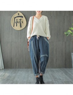 Pants & Capris New Casual Plus Size 2019 Spring Striped Elastic Waist Women Pants Cotton Denim Loose Ankle-Length Harem Pants...