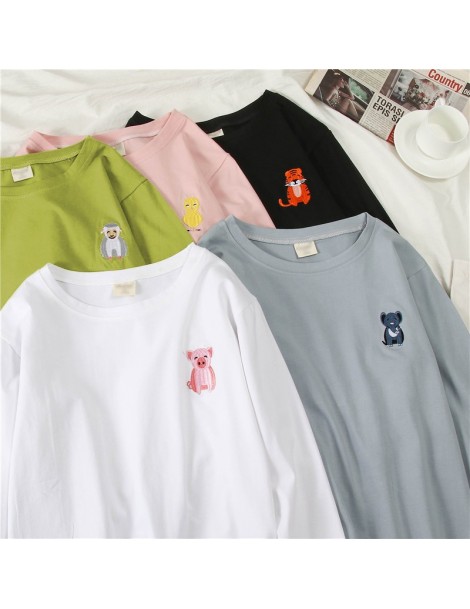 T-Shirts Korean cartoon Embroidery Loose basic t shirt autumn long Sleeve Simple T-shirts for Women harajuku Kawaii funny stu...