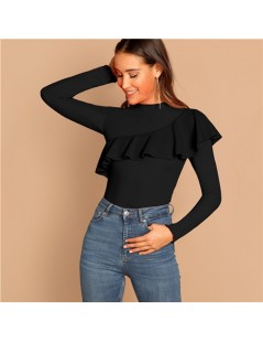 T-Shirts Elegant Tee Shirt Women Long Sleeve Top Ruffle Trim Mock-neck Form Fitting Black T-shirt Rib Knit Ladies Tops and Te...