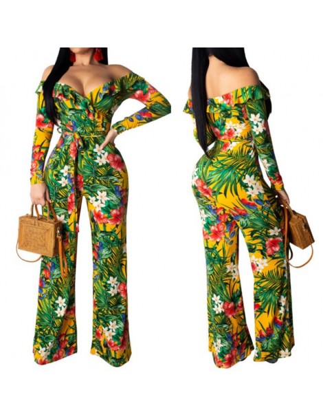Jumpsuits Boho Floral Tropical Print Ruffle Off Shoulder Loose Jumpsuit Women Sexy V Neck Long Sleeve Casual Romper with Belt...